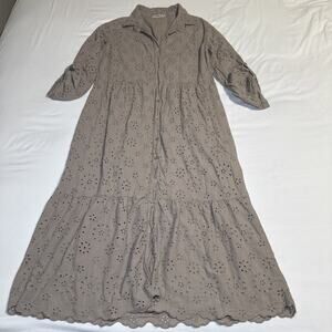 Laura Bianchi Womens M Tan Cotton Eyelet Tiered Button Down Midi Shirt Dress EUC